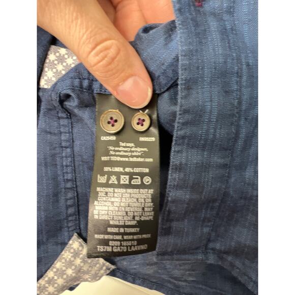 Ted Baker Linen Blend Long Sleeve Blue Shirt Men's 5 US XL - Picture 3 of 6